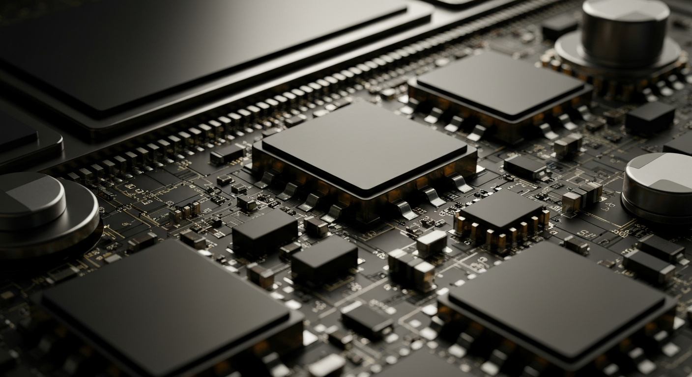 An extreme close-up of the intricate, metallic components and circuitry inside a semiconductor chip, conveying the advanced power management capabilities of Monolithic Power Systems' products.