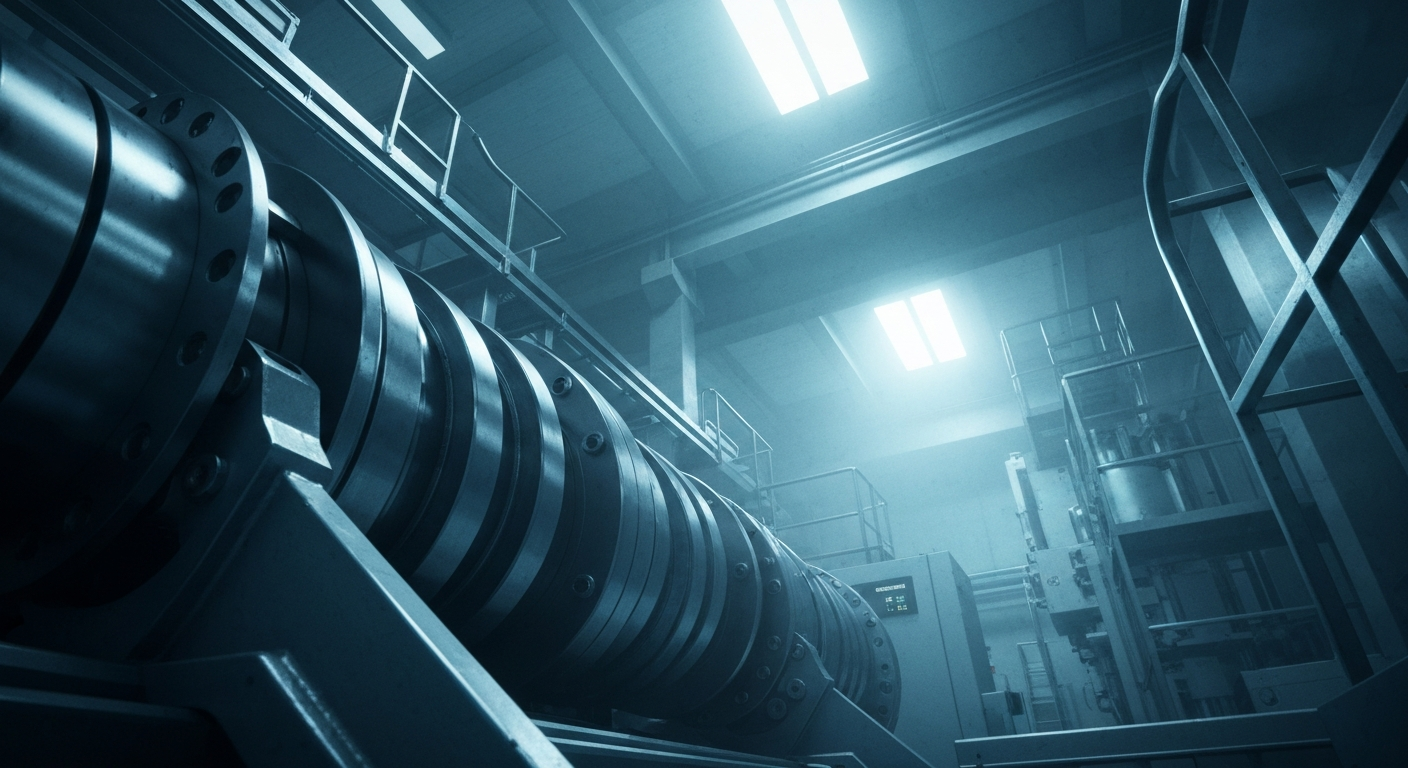 An extreme close-up of intricate, metallic Corning manufacturing equipment, representing the company's technological prowess and industrial might.