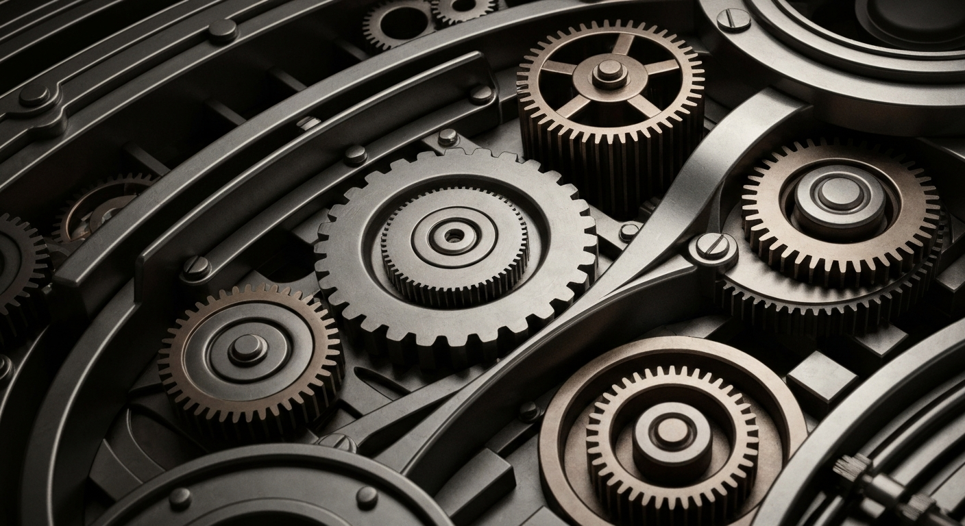 An extreme close-up of a complex, industrial-looking mechanism with interlocking gears, levers, and metal components, conveying the idea of a powerful, well-oiled financial system supporting the growth of an off-price retailer.