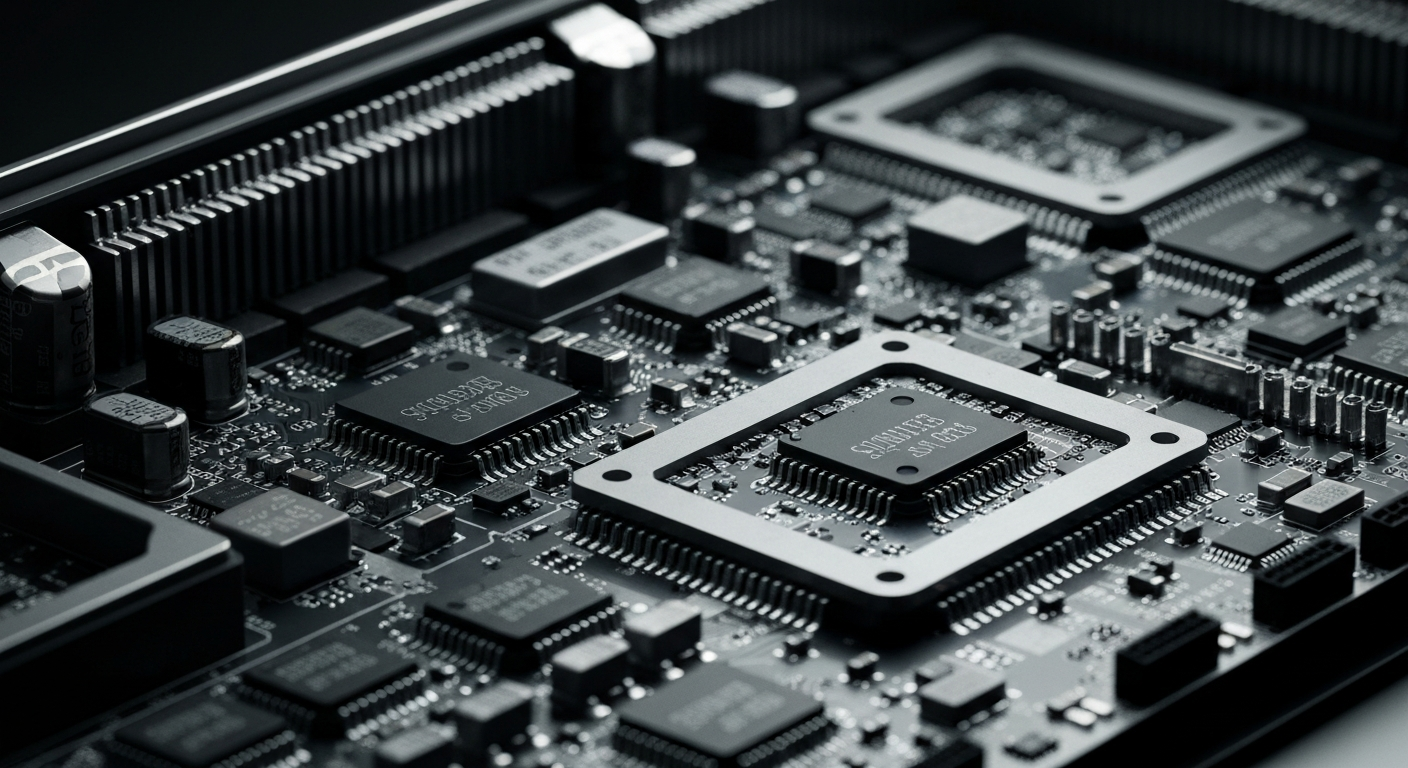 A dramatic, high-contrast close-up of complex semiconductor components and circuit boards, representing the advanced technology that enables Marvell's data infrastructure and connectivity solutions.