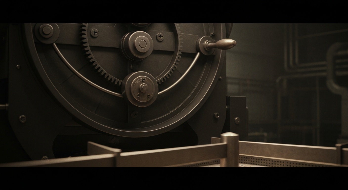 An extreme close-up of the heavy, industrial components of a commercial coffee roasting machine, representing the complex financial infrastructure supporting Starbucks' global operations.
