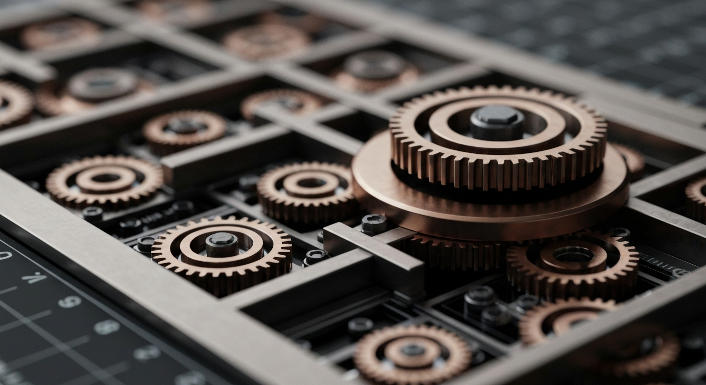 An extreme close-up of the intricate gears and mechanisms of a high-tech trading platform, representing the complex financial infrastructure behind Robinhood's services. The image is muted in tone, evoking a sense of institutional power and stability.