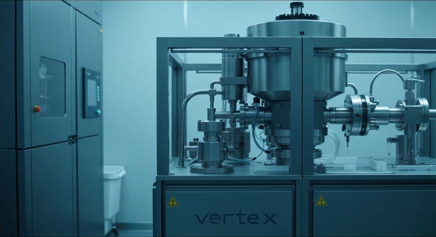 An extreme close-up of gleaming metal pharmaceutical equipment and machinery, conveying the sophisticated technology and engineering behind Vertex's innovative drug development.