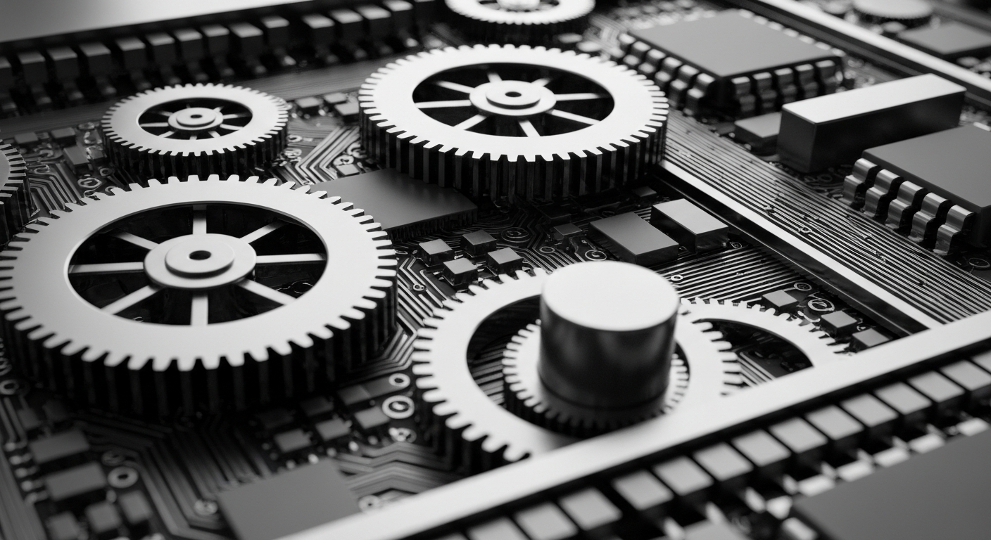 An extreme close-up of the intricate, metallic components and circuits that make up the inner workings of a semiconductor chip, rendered in a high-contrast, industrial style that evokes the powerful, mechanical nature of this essential technology.