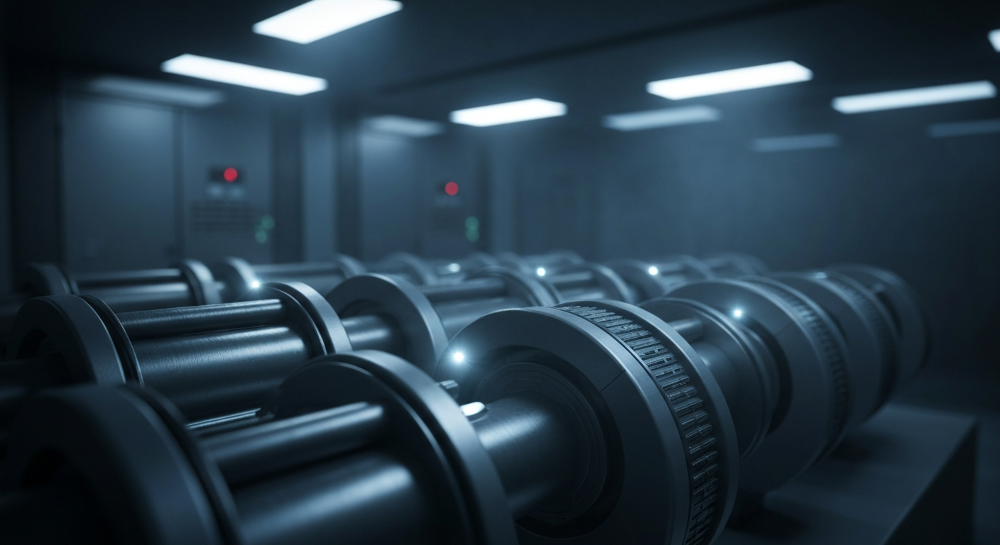 An extreme close-up of complex, metallic banking and computing hardware, conveying the robust and secure nature of financial technology infrastructure.