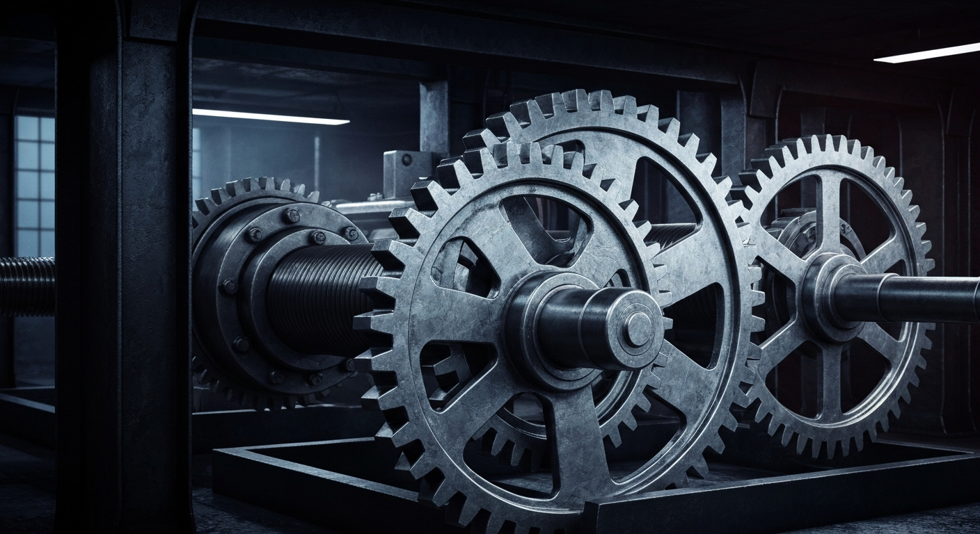 An extreme close-up of complex, interlocking metal gears and machinery, conveying the intricate financial infrastructure and institutional power behind the semiconductor industry.