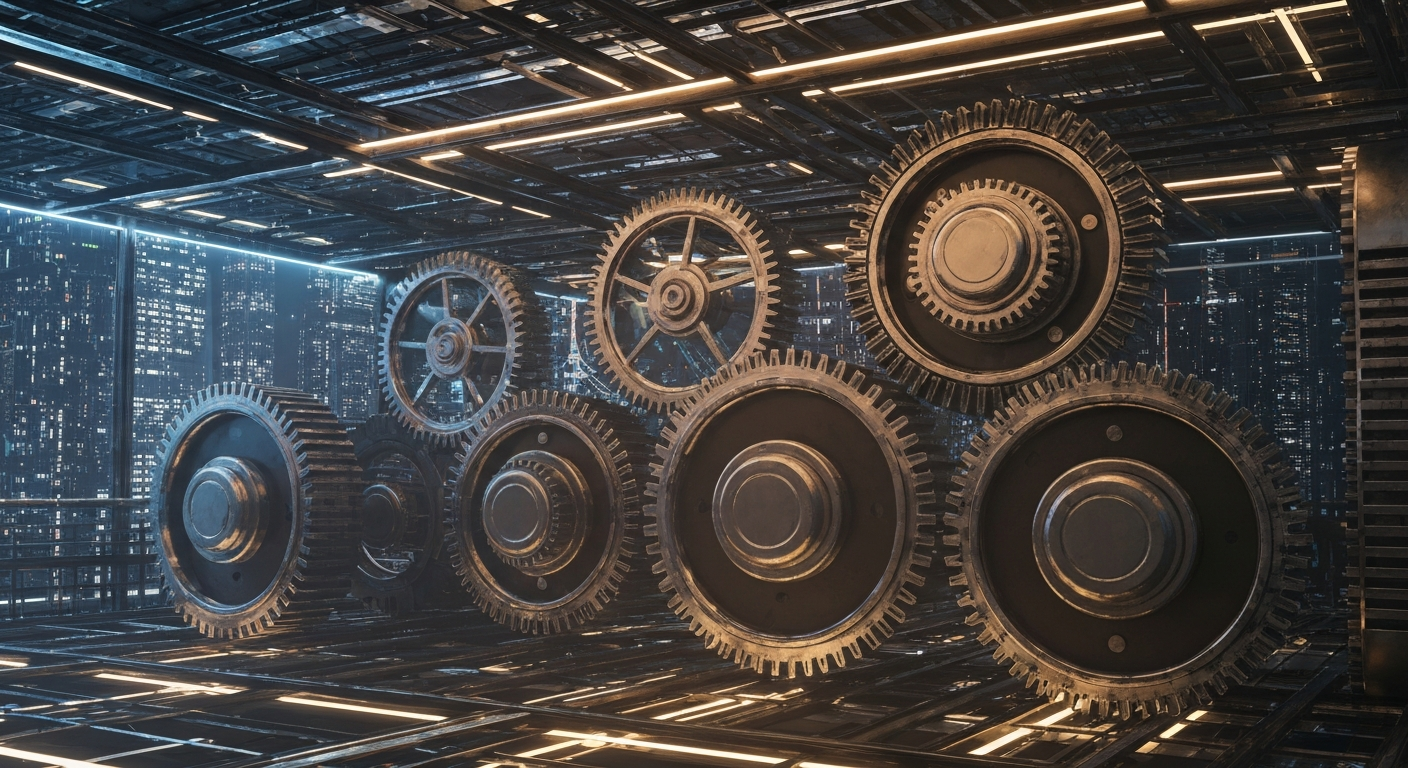 An extreme close-up of heavy, metallic gears and machinery, representing the complex financial and technological infrastructure that powers Qualcomm's business as a leading semiconductor and wireless technology company.