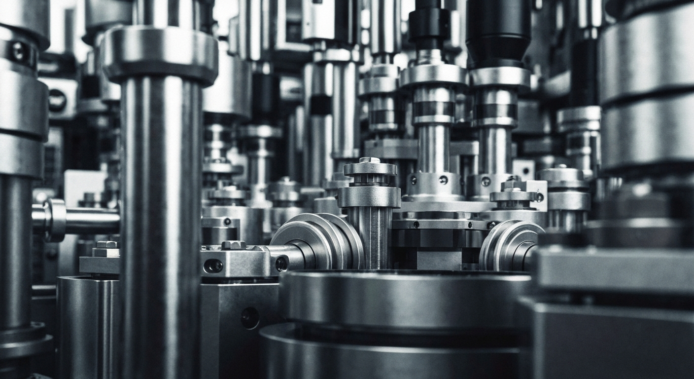 An extreme close-up of the intricate, metallic components of semiconductor manufacturing equipment, conveying a sense of industrial power and precision without any visible text or branding.