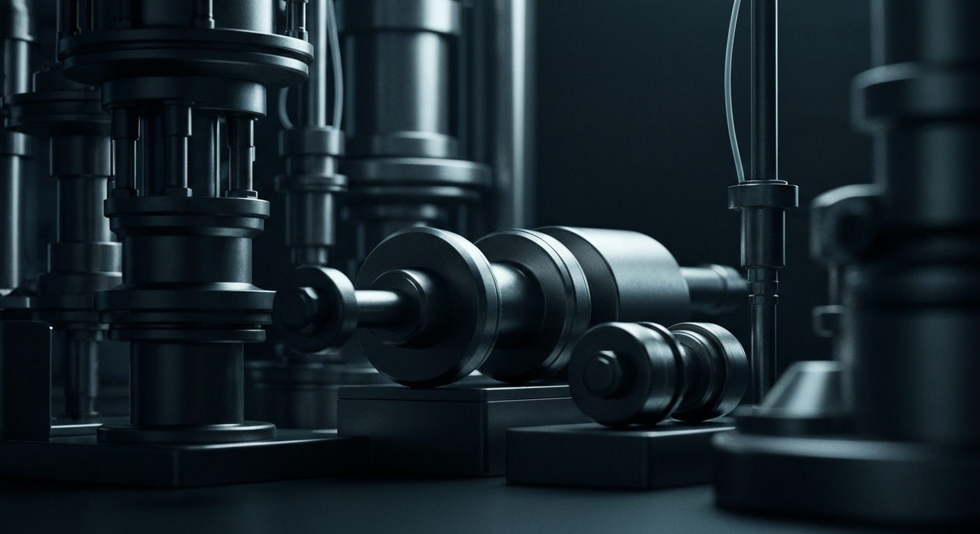 An extreme close-up of precision biotech machinery and equipment, dramatically lit against a dark background, conceptually representing the complex financial and technological infrastructure powering Amgen's drug development and manufacturing.