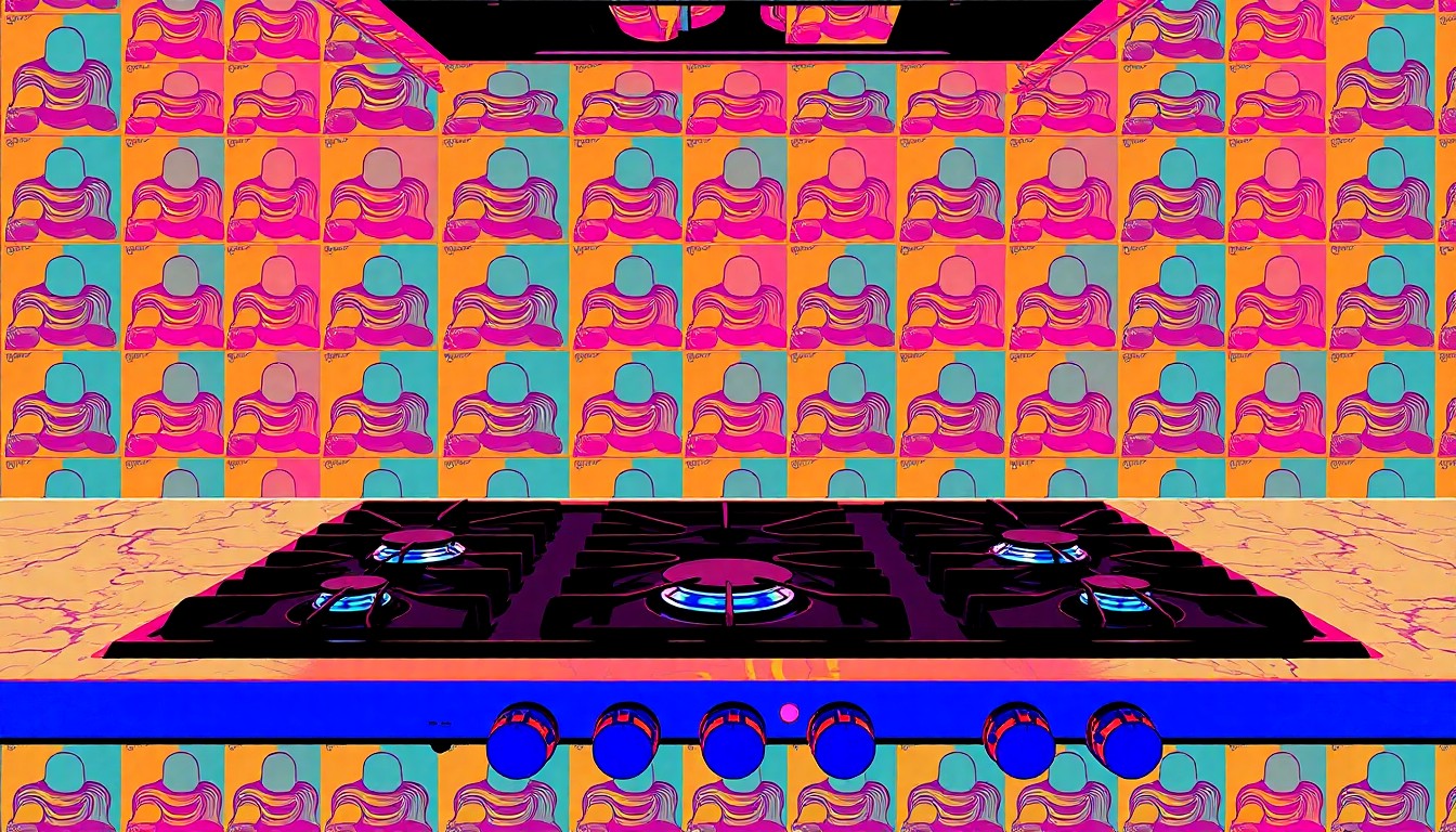 A bold, graphic illustration composed of repeating silkscreen-style images of a shiny, silver gas cooktop in a grid pattern, rendered in a palette of bright neon colors against a dark background, conceptually representing the luxury appliances and finishes found in a new high-end home.