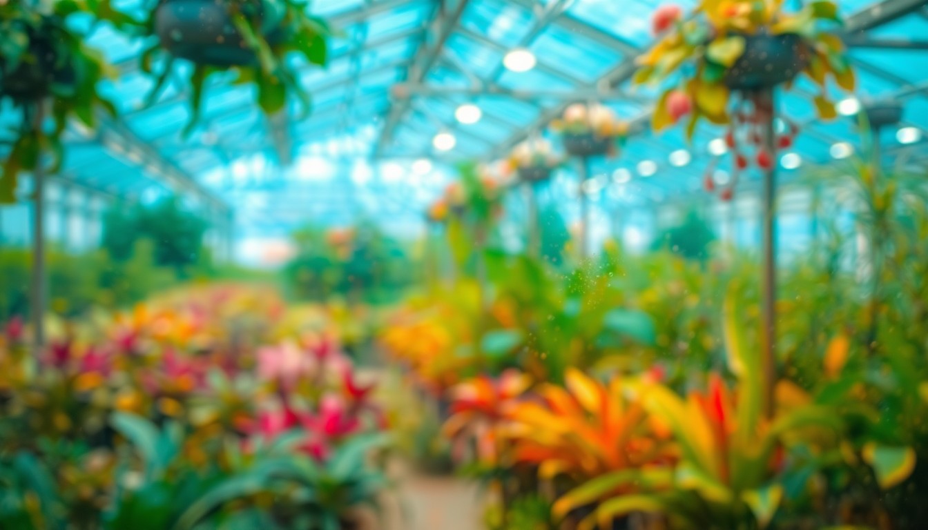 An abstract, impressionistic photograph of a greenhouse interior, with blurred, colorful plant life and soft, hazy light, conveying the celebratory mood of a community event.