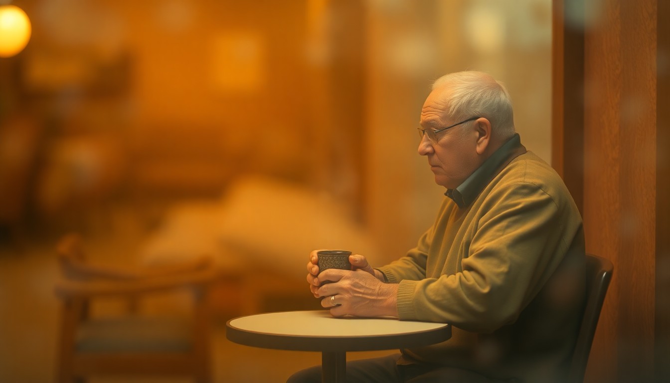 An extremely blurred, dreamlike scene of an elderly man sitting alone at a small table, holding a steaming mug, surrounded by soft, hazy pools of warm color, conceptually representing the quiet, contemplative life of Saul Ramirez.