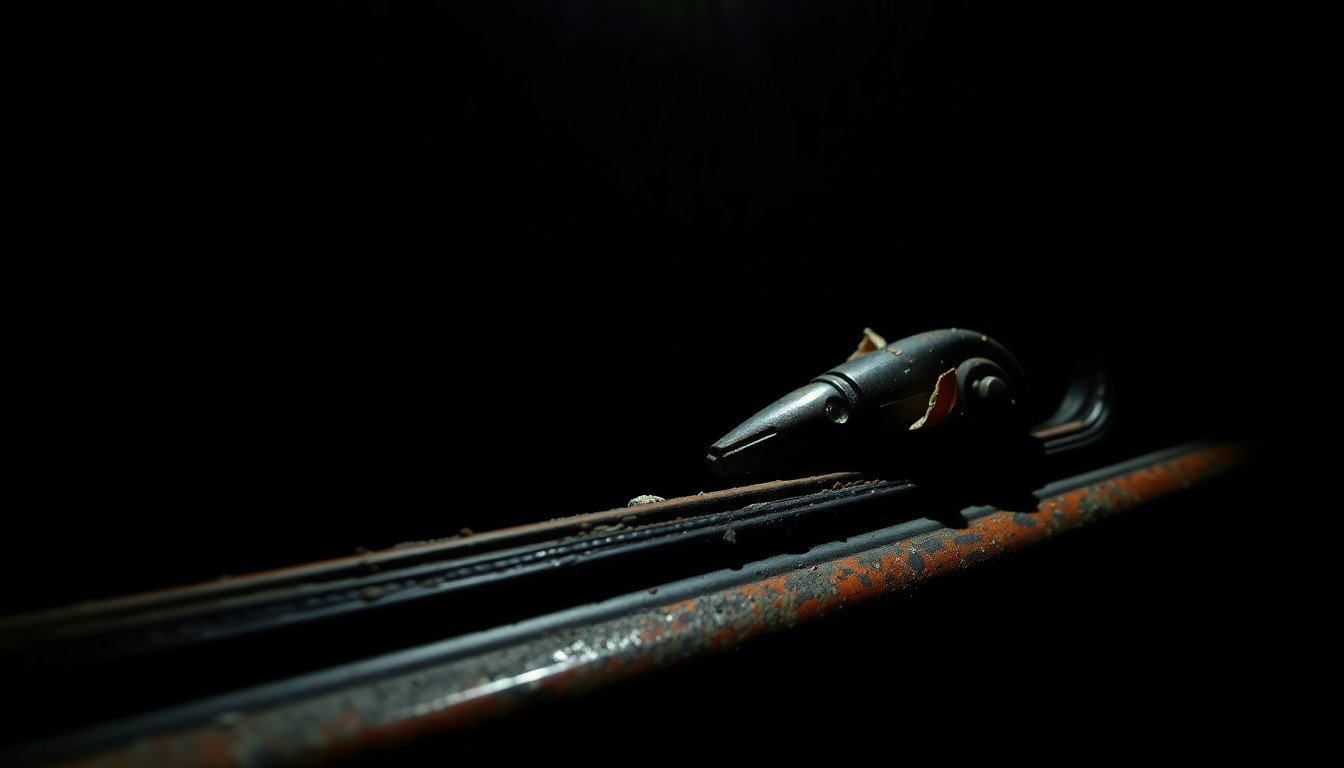 An extreme close-up of a decomposing car part, such as a door handle or a piece of the interior, lit by a harsh, direct camera flash against a pitch-black background, creating a stark, gritty, investigative aesthetic that conceptually illustrates the disturbing nature of the crime.