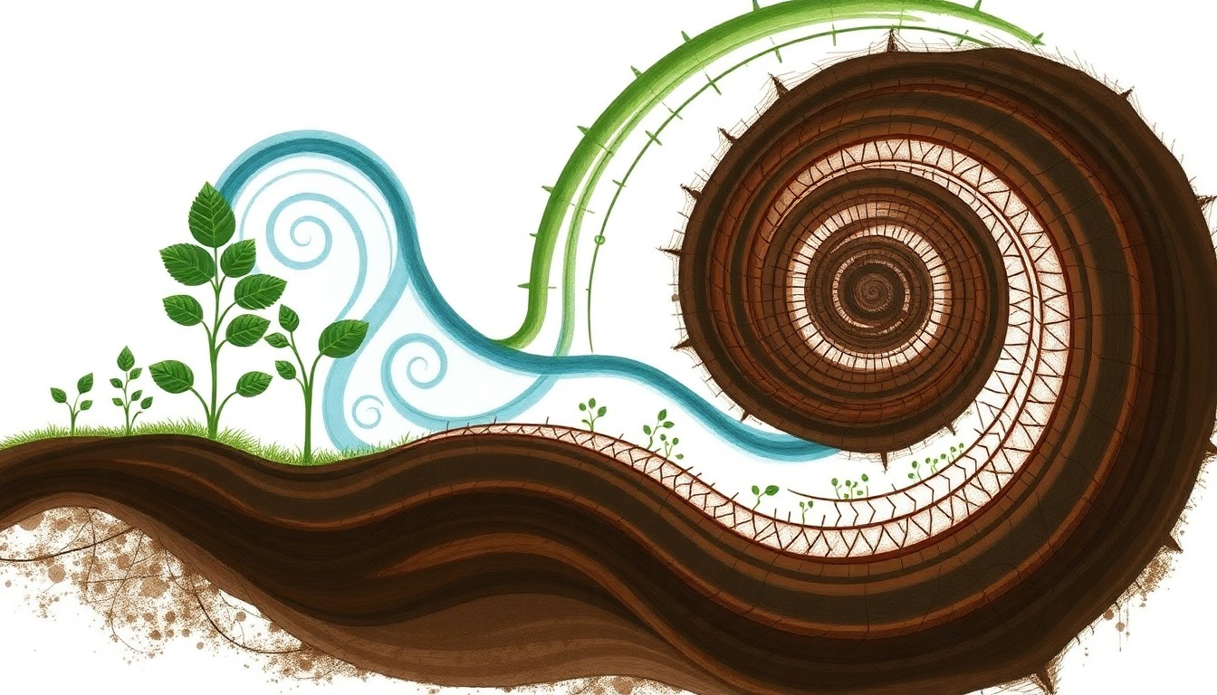 A bold, highly structured abstract painting in earthy green, brown, and blue tones, visualizing the complex interaction between earthworm burrows, drainage tiles, and liquid manure runoff in a no-till farming system. The composition resembles a massive, wordless scientific diagram, using sweeping geometric arcs, concentric circular patterns, and precise botanical spirals to convey the structural order and hidden pathways of the soil ecosystem.