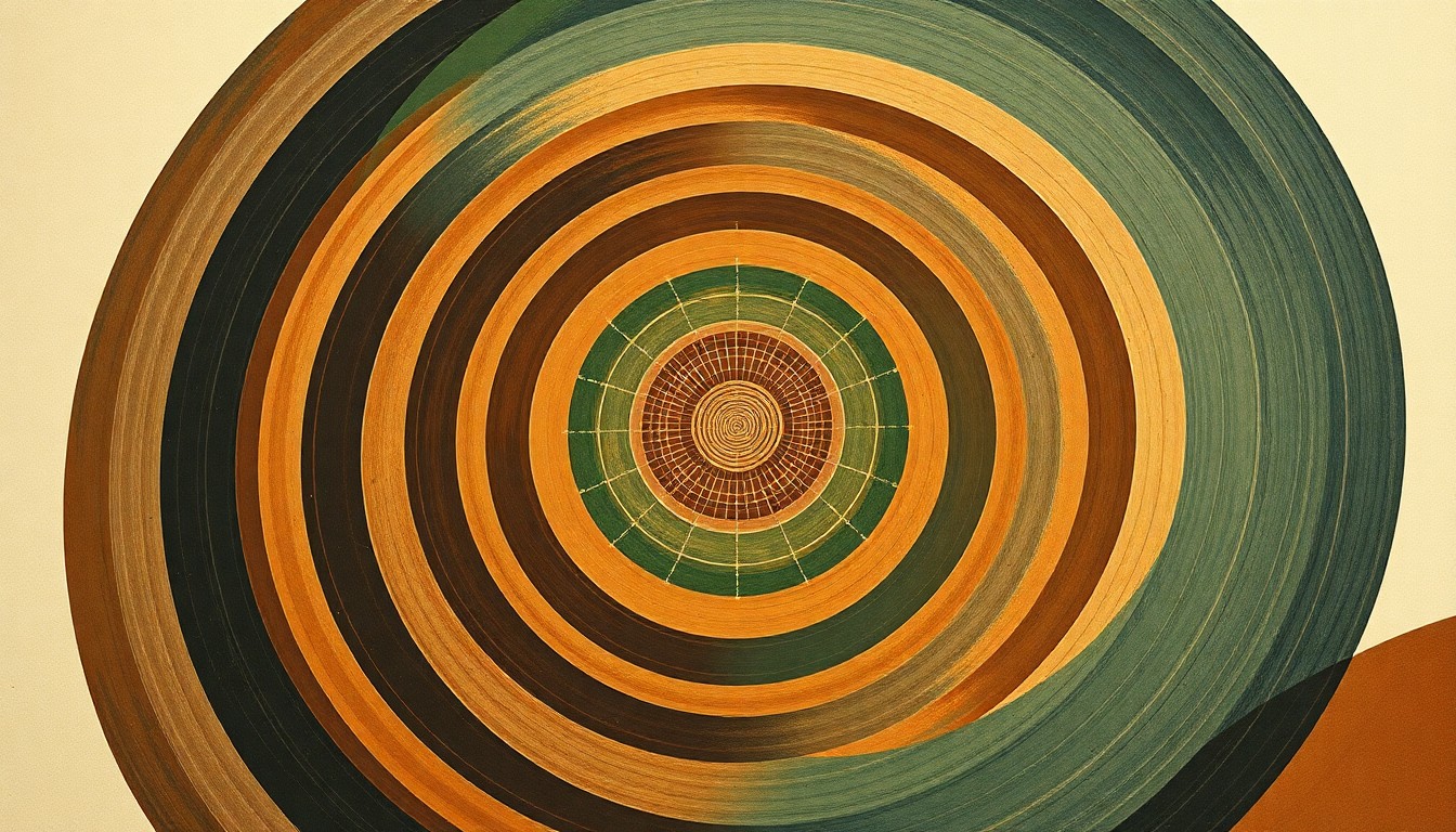 A highly structured abstract painting in earthy tones, featuring sweeping geometric arcs, concentric circular patterns, and precise botanical spirals, conceptually representing the complex interplay of natural forces, soil conservation techniques, and precision farming technologies on a dryland farm.