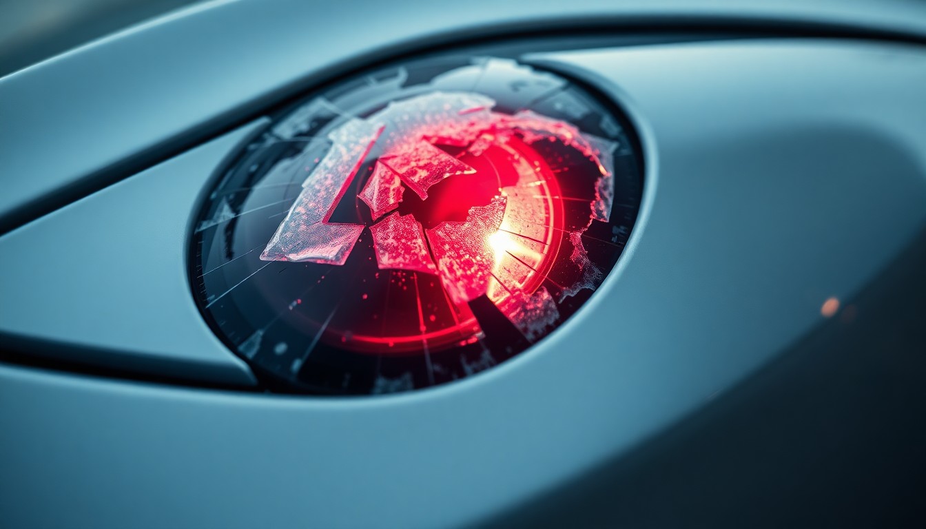 An extreme close-up of a shattered car sensor lens reflecting a faint red light, conceptually illustrating the vandalism of self-driving cars.