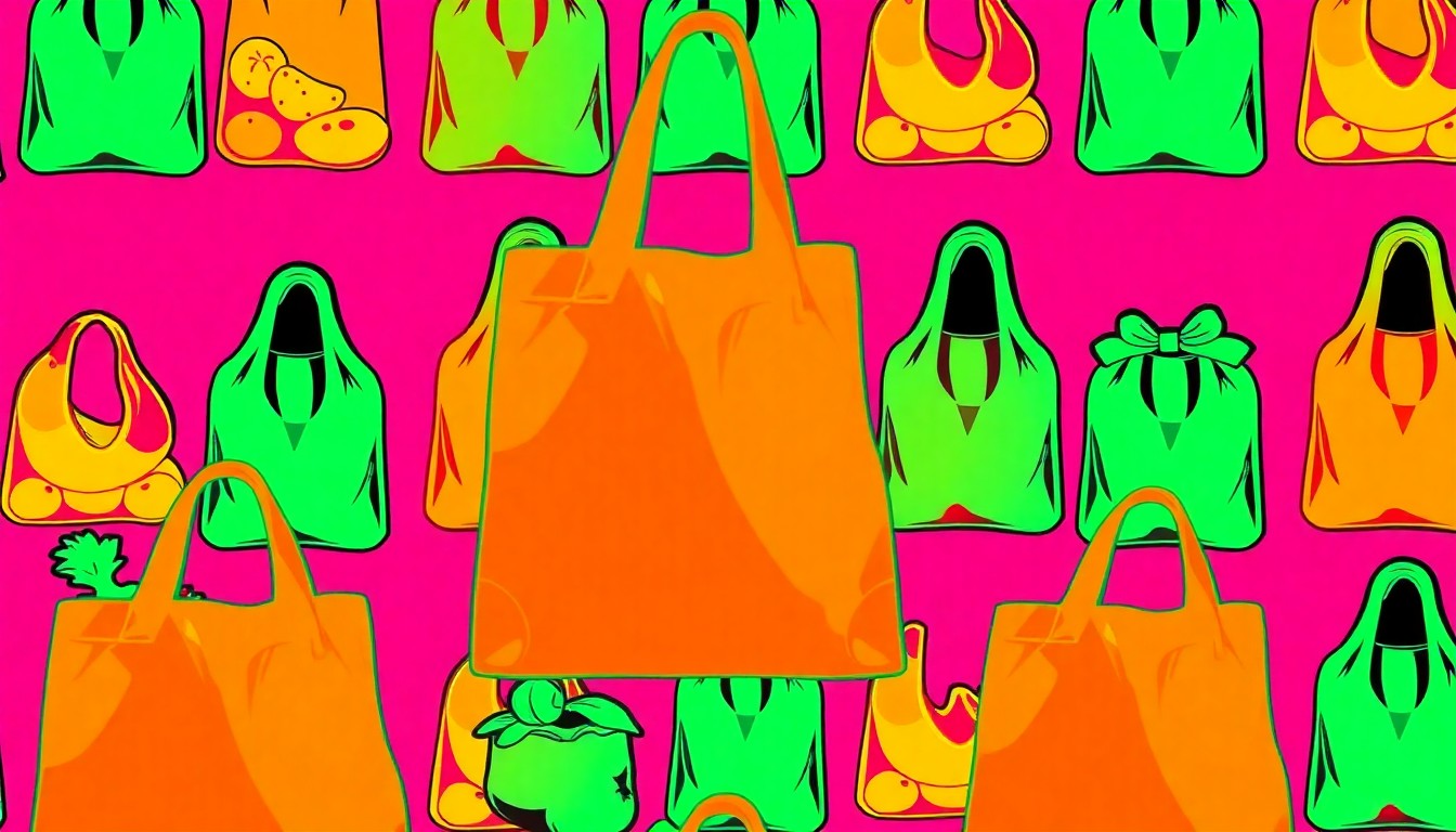 A highly stylized, abstract grid of brightly colored, silkscreened images of various organic produce items and natural health products, conceptually representing the diverse product offerings and community-focused mission of Rainbow Grocery Cooperative.