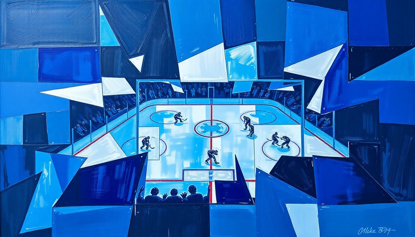 A cubist, geometric painting depicting a fractured, multi-perspective hockey scene, with sharp planes of navy, royal blue, and silver colors representing the strategic changes within the Blues' coaching staff.