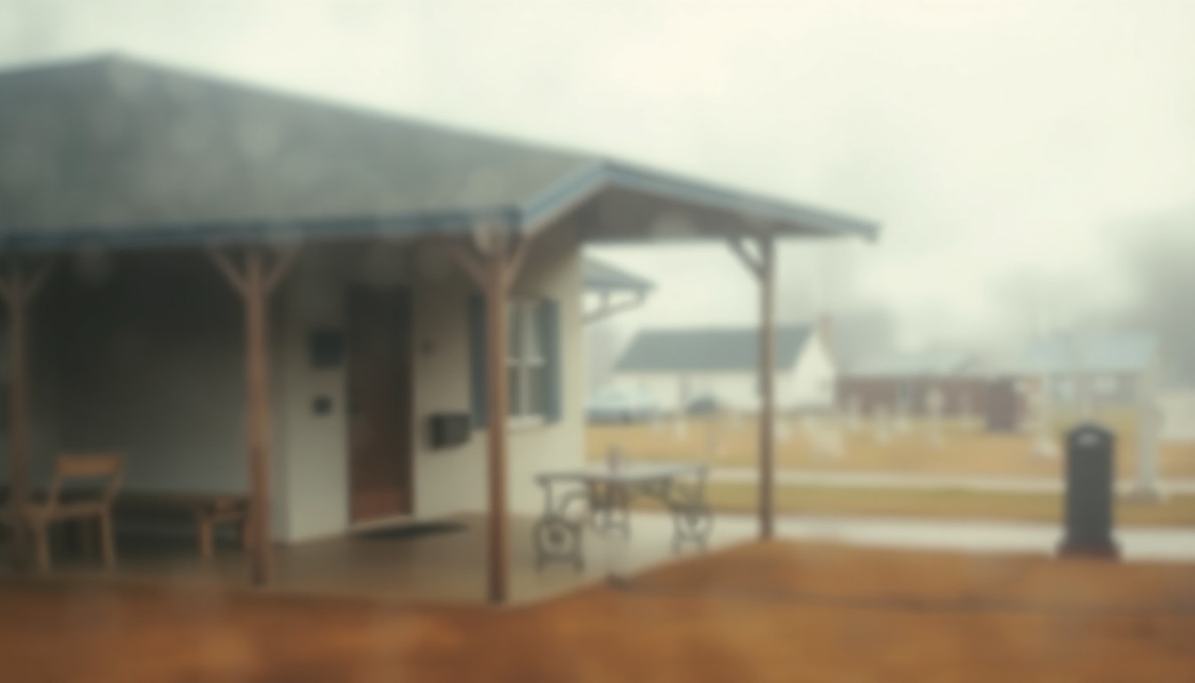 An extremely blurred, impressionistic photograph depicting the soft, muted colors and out-of-focus shapes of a small-town funeral home and cemetery, conveying a sense of quiet reflection and community mourning.
