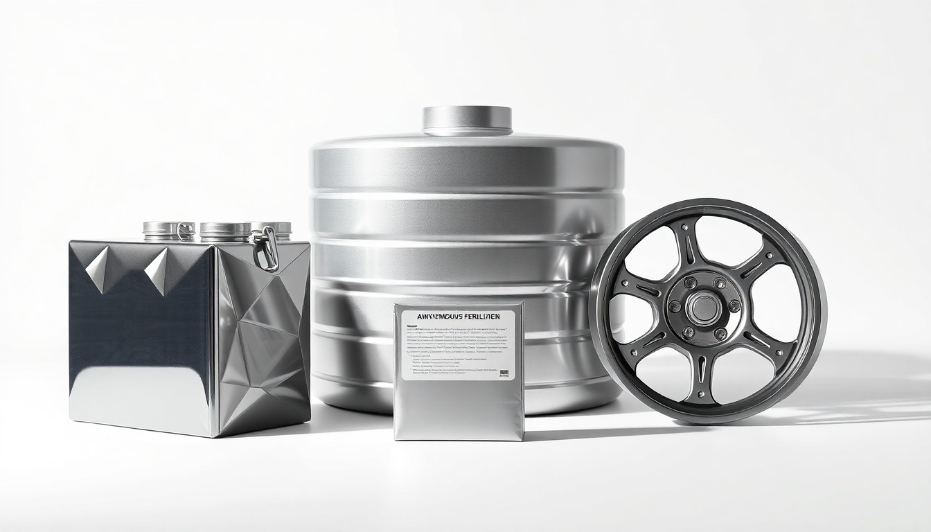 A high-end studio still life photograph featuring a polished metal anhydrous ammonia tank, a sleek seed/starter fertilizer box, and a smooth metal wheel hub, all arranged elegantly on a clean white background to symbolize the abstract concepts of efficiency and cost-savings in no-till farming.