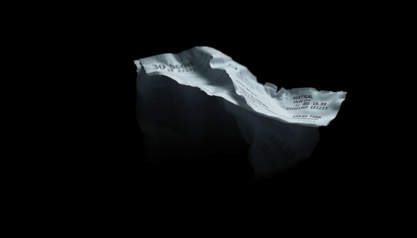 An extreme close-up of a crumpled, torn credit card statement reflecting a harsh, direct camera flash, conceptually illustrating the financial impact of a scam.
