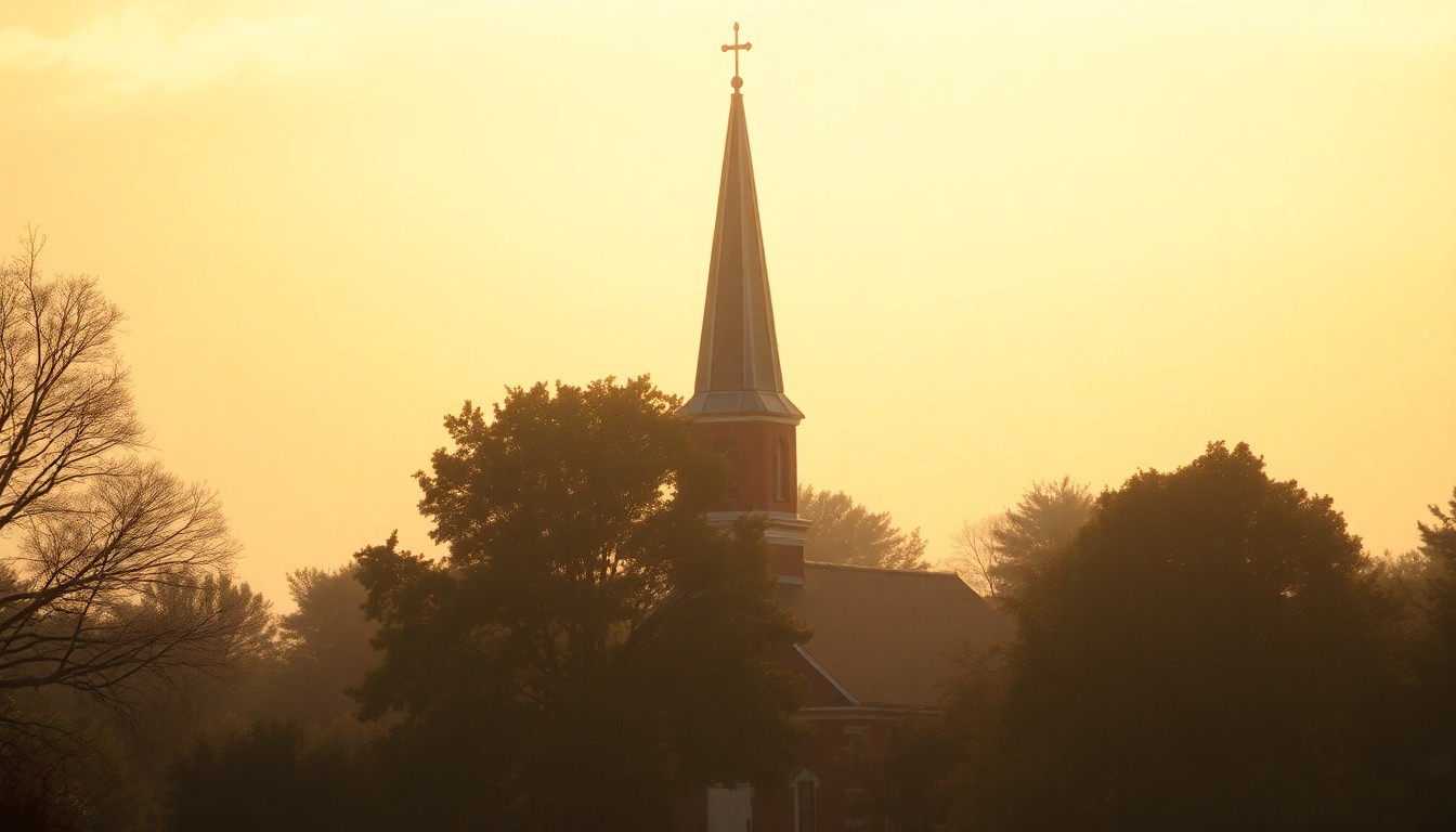An impressionistic, out-of-focus photograph of a small-town church steeple surrounded by trees, conveying a sense of warmth, nostalgia, and community.