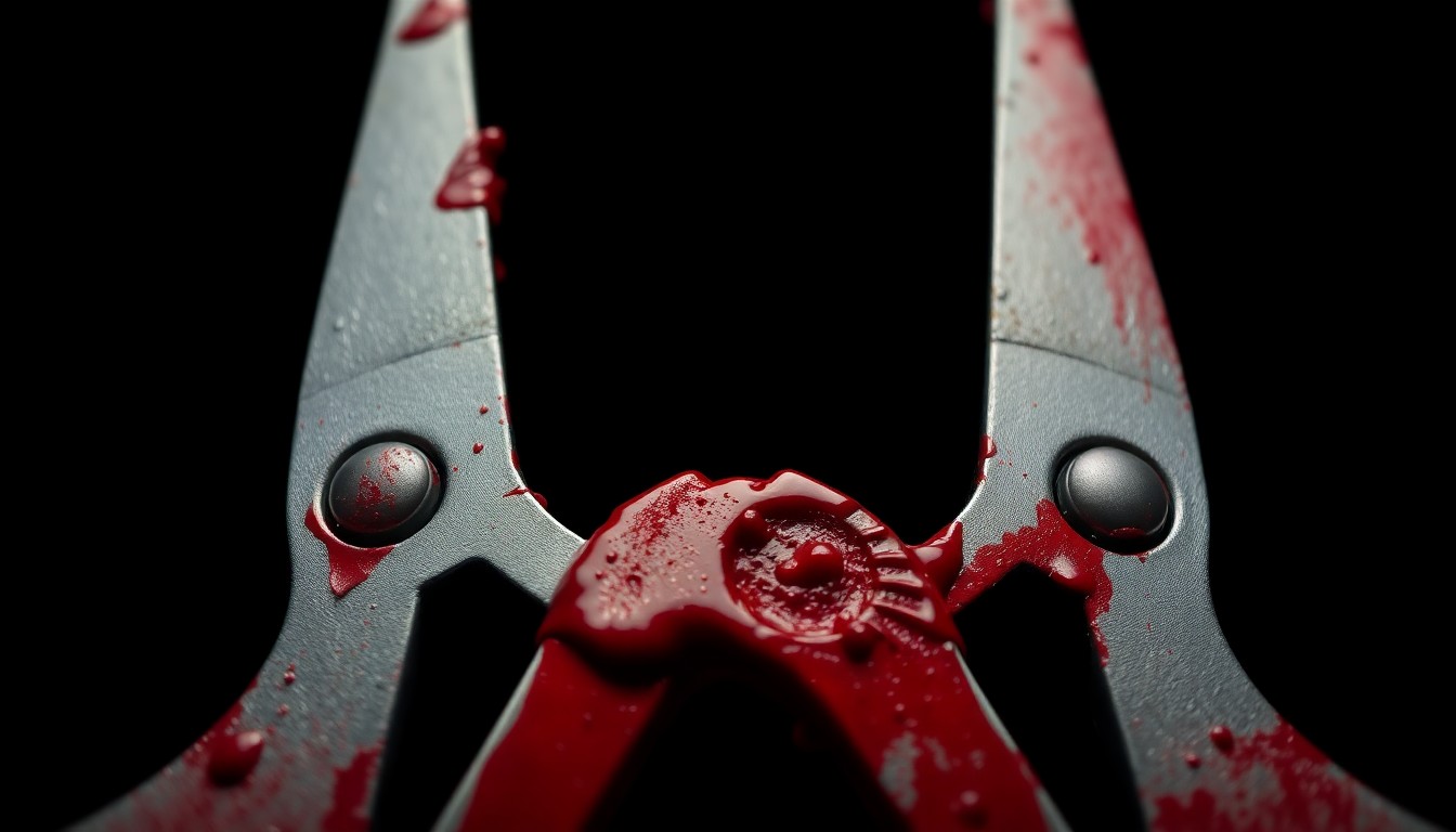 An extreme close-up of a pair of bloodied tools against a dark background, conceptually representing the violent nature of the crime without depicting any actual violence or victims.