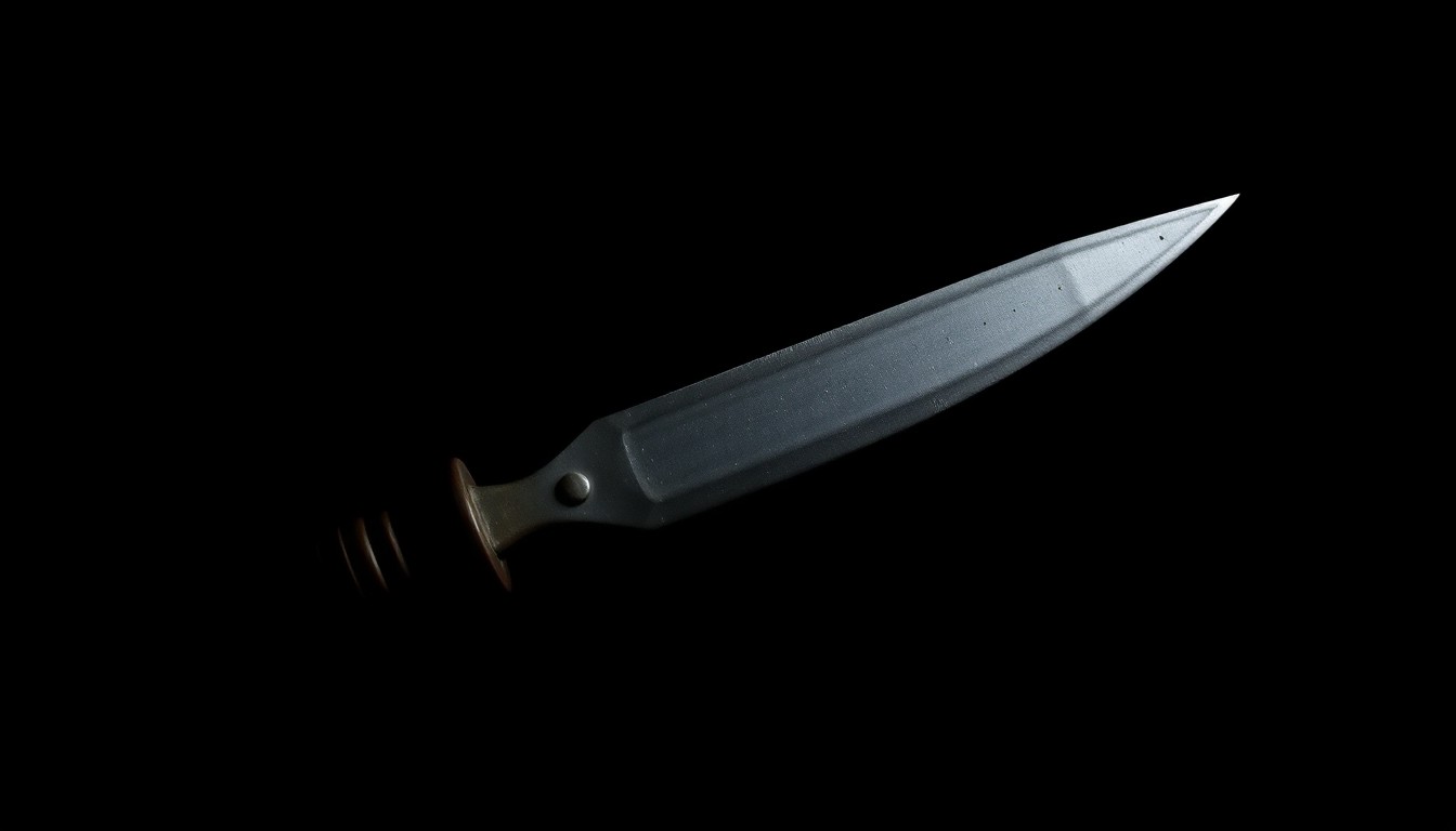 An extreme close-up of a homemade prison shank or weapon, its sharp edges and metallic texture dramatically illuminated against a pitch-black background, conceptually representing the violent assault on the high-profile inmate.