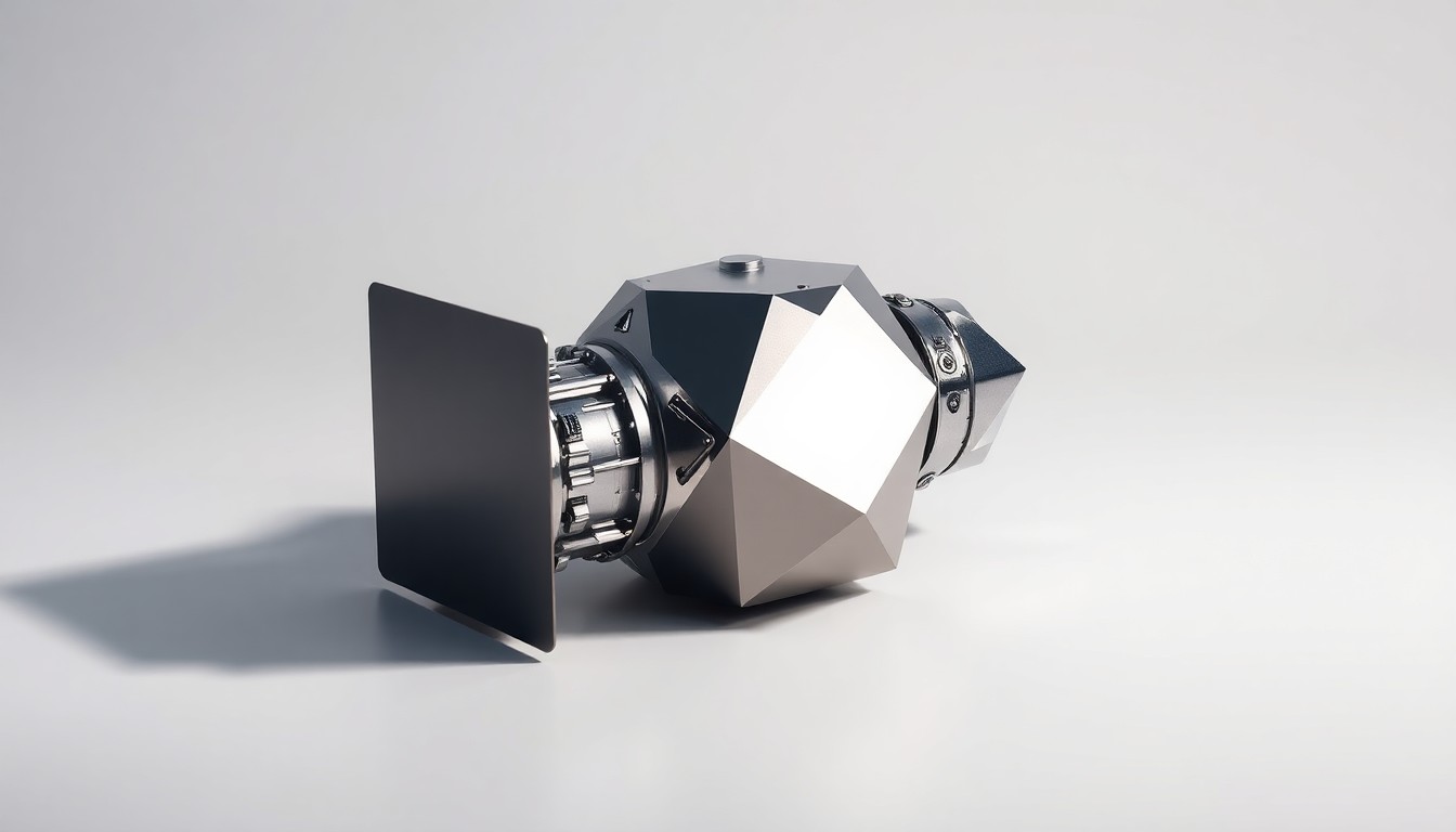 A photorealistic studio still-life photograph featuring a polished, metallic satellite component or deployable structure made from sleek, geometric shapes, arranged elegantly on a clean, monochromatic background and dramatically lit to showcase Redwire's advanced engineering capabilities.