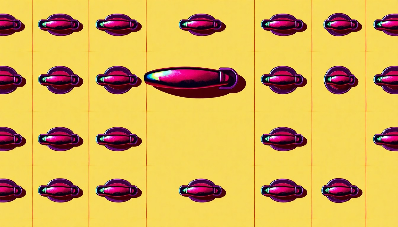 A brightly colored, high-contrast silkscreen print of a single, iconic kitchen cabinet door handle repeated in a tight grid pattern, utilizing flat, vibrant, and unnatural neon color palettes overlapping with heavy black photographic outlines to turn an everyday household object into modern pop art.