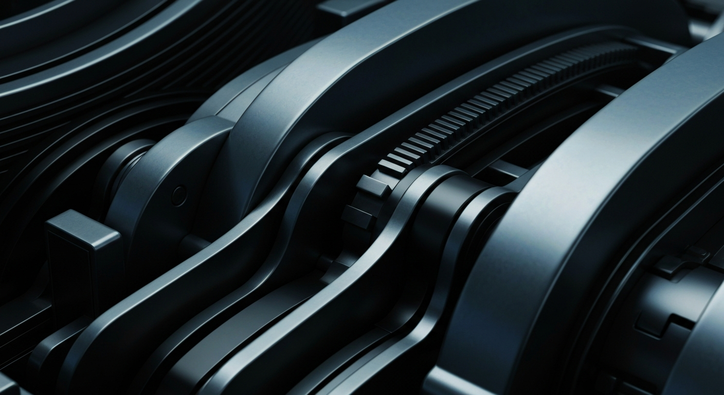 A highly detailed, black-and-white close-up image of the inner workings of a large banking machine, conveying a sense of the robust, industrial nature of the financial system.