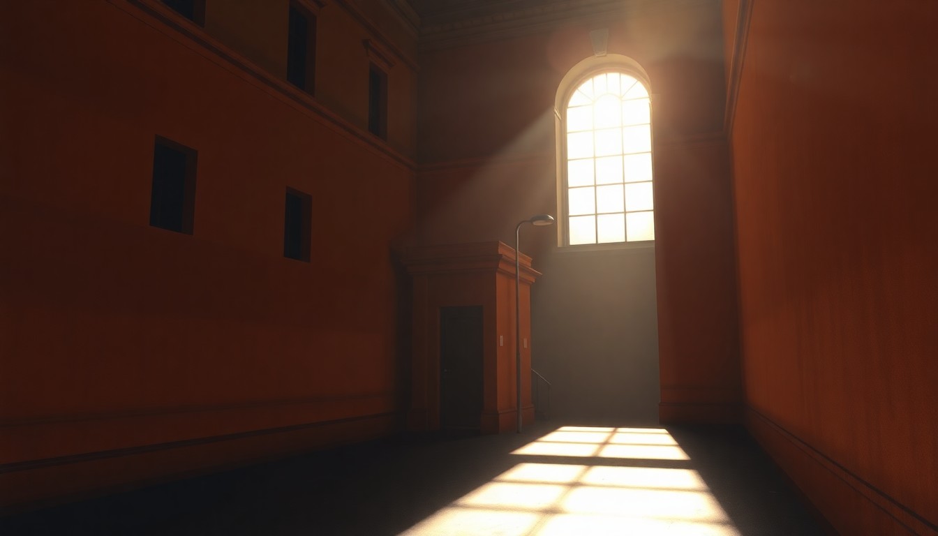 A serene, photorealistic painting of a government building or city hall office space, with warm sunlight streaming through the windows and deep shadows cast across the scene, creating a contemplative and nostalgic mood.