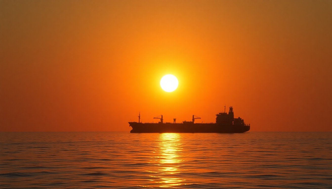 A serene, cinematic painting of a lone oil tanker ship silhouetted against an orange and golden sunset sky, reflecting in the calm waters of the Strait of Hormuz, conceptually representing the easing of regional tensions.