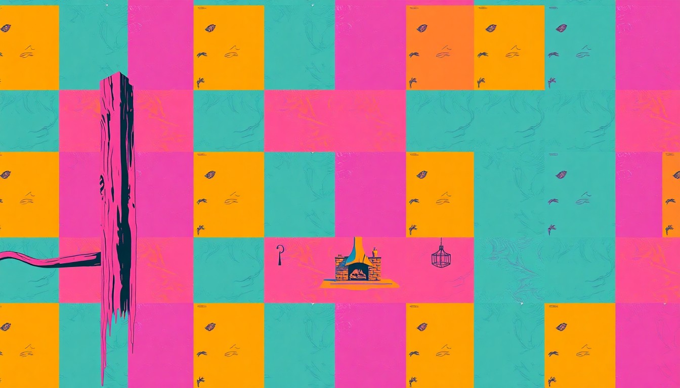 A highly stylized, abstract silkscreen print featuring a repeated image of a rustic wooden fence post or barn roof element in a vibrant, neon color palette with heavy black outlines, capturing the essence of luxury ranch living in a modern pop art style.