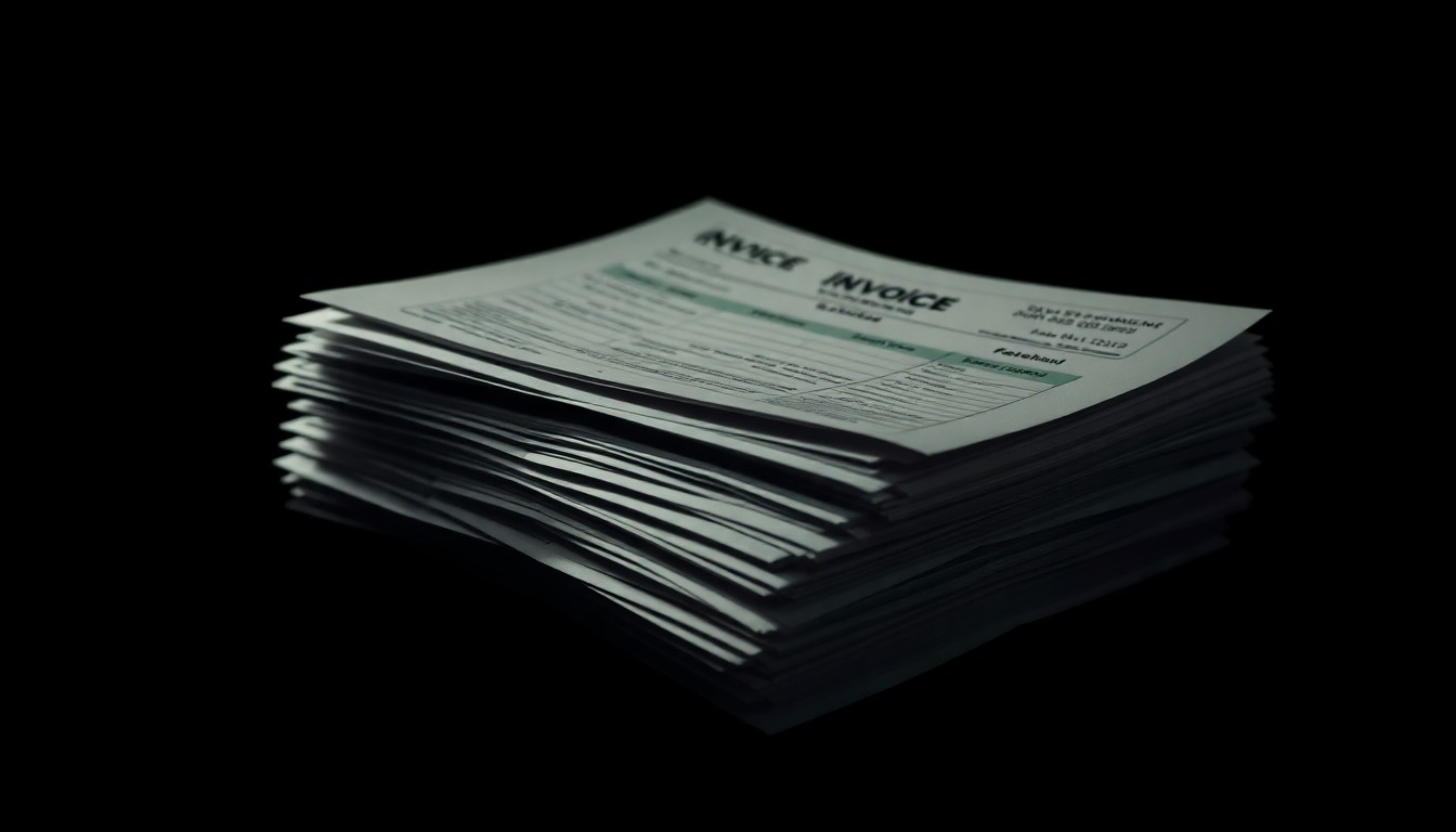 An extreme close-up of a stack of forged financial documents and invoices, conceptually illustrating the details of a corporate fraud case.