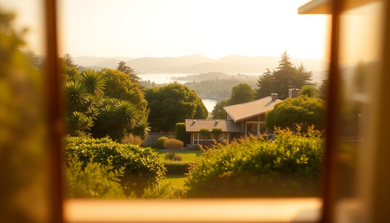 A softly focused, impressionistic photograph in warm, earthy tones depicting the verdant landscape surrounding a mid-century home, with glimpses of the home's architecture and windows framing views of a tranquil lagoon and rolling hills in the distance.