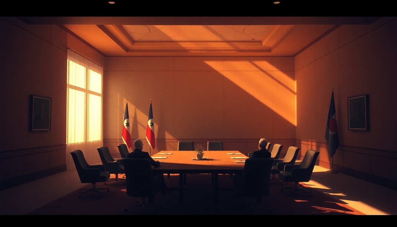 A dimly lit, cinematic painting of an empty conference room with a large wooden table and chairs, the scene bathed in warm, golden light streaming through the windows, conceptually representing a high-level political negotiation.