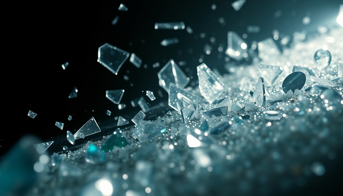 An abstract close-up image of shattered glass and sparkling sequins, capturing the high-contrast glamour and drama of old Hollywood through dramatic studio lighting and textural details.