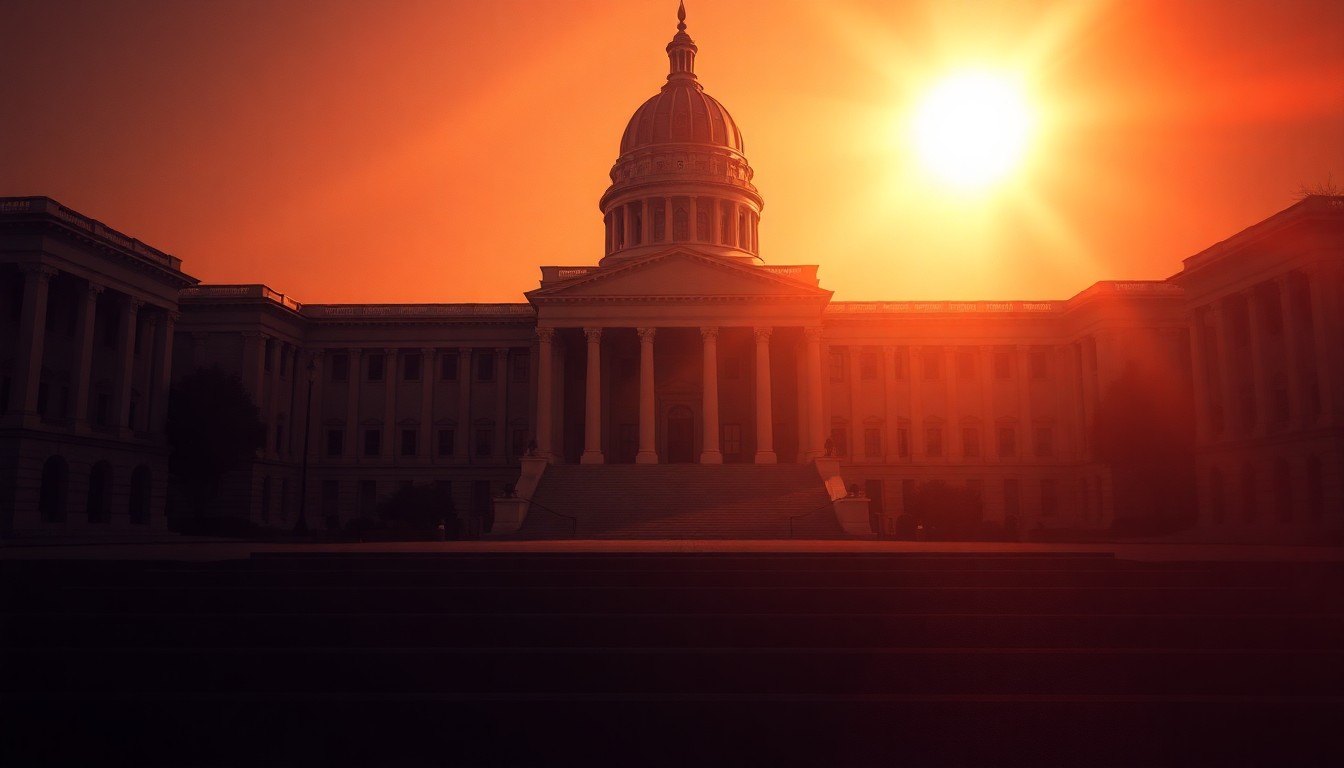 A serene, nostalgic painting of an empty Ohio state capitol building, its grand architecture bathed in warm, golden light and deep shadows, conveying the solemn responsibility of state government.