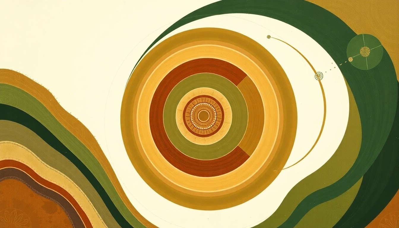 A bold, abstract painting in earthy tones of green, brown, and ochre, featuring sweeping geometric arcs, concentric circular patterns, and precise botanical spirals, conceptually representing the complex interconnected systems of benefits provided by cover crops, including soil health, nutrient cycling, erosion control, and cost savings.