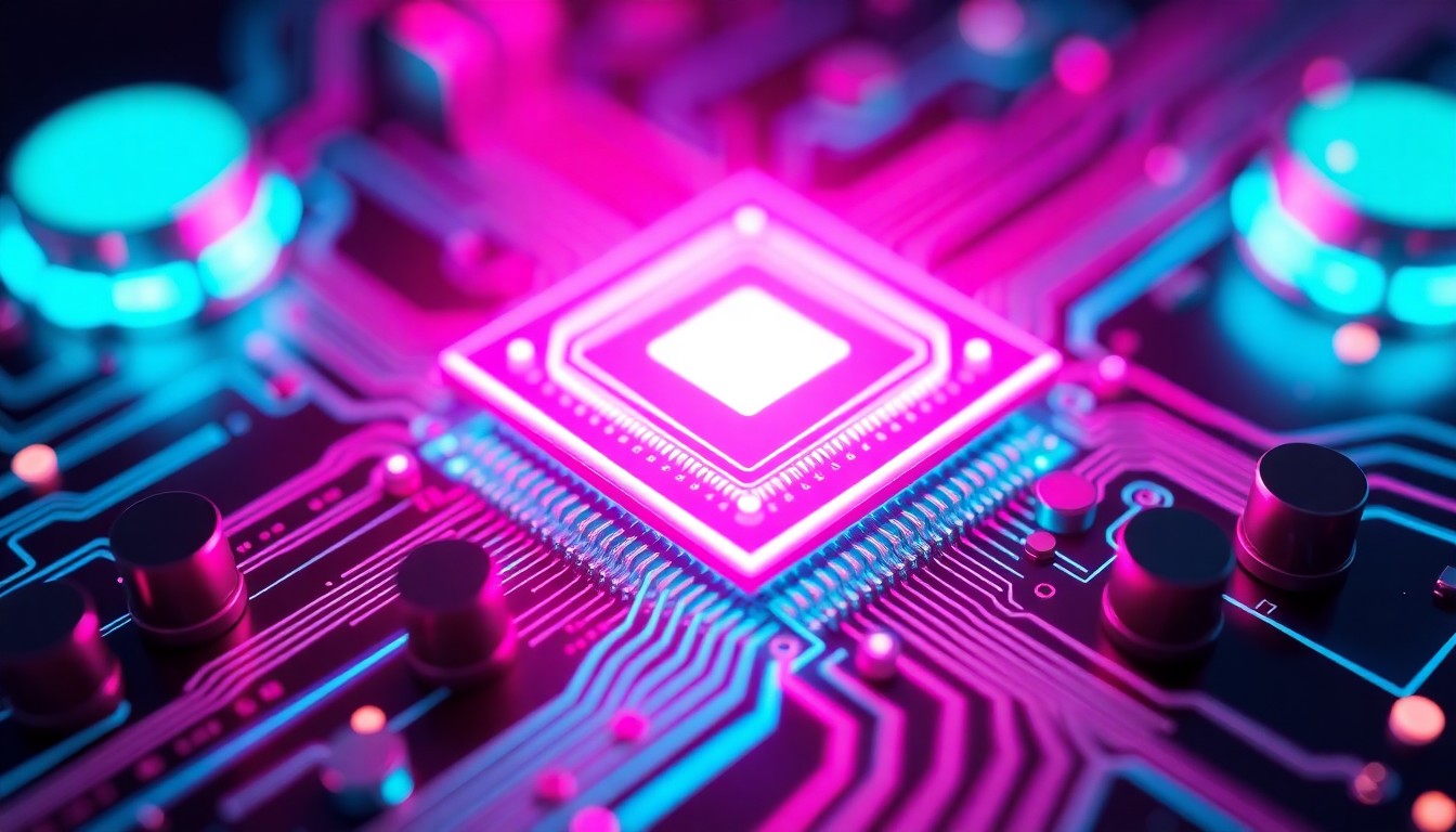 A highly detailed, glowing 3D illustration of a complex circuit board or AI chip, with intricate patterns of neon blue and pink lights, representing the advanced technology powering Cerebras' wafer-scale engines for AI training and inference.