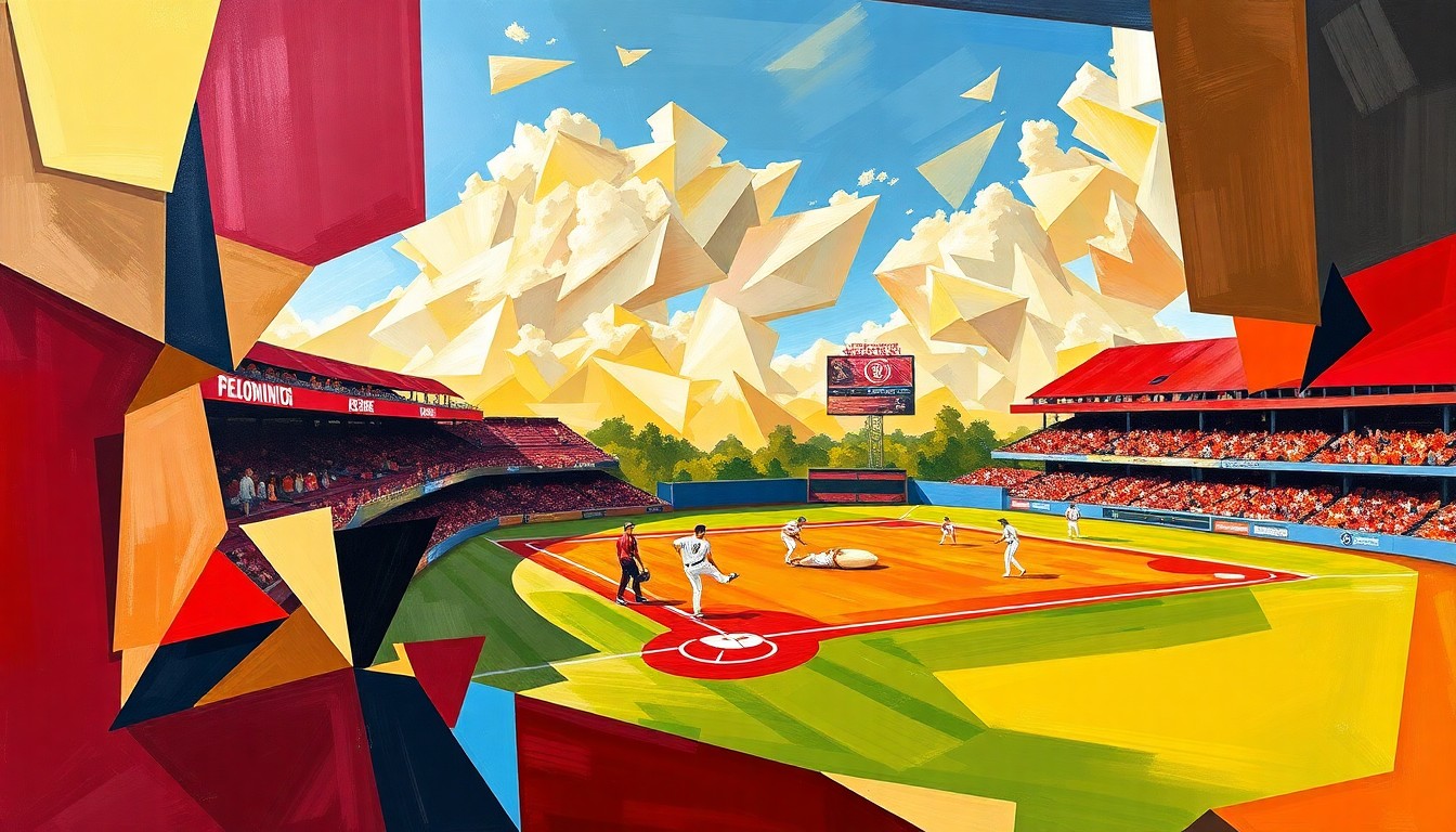 A fragmented, geometric painting in Florida State's colors, capturing the dynamic energy and motion of a softball game through Picasso-esque overlapping planes and shapes.