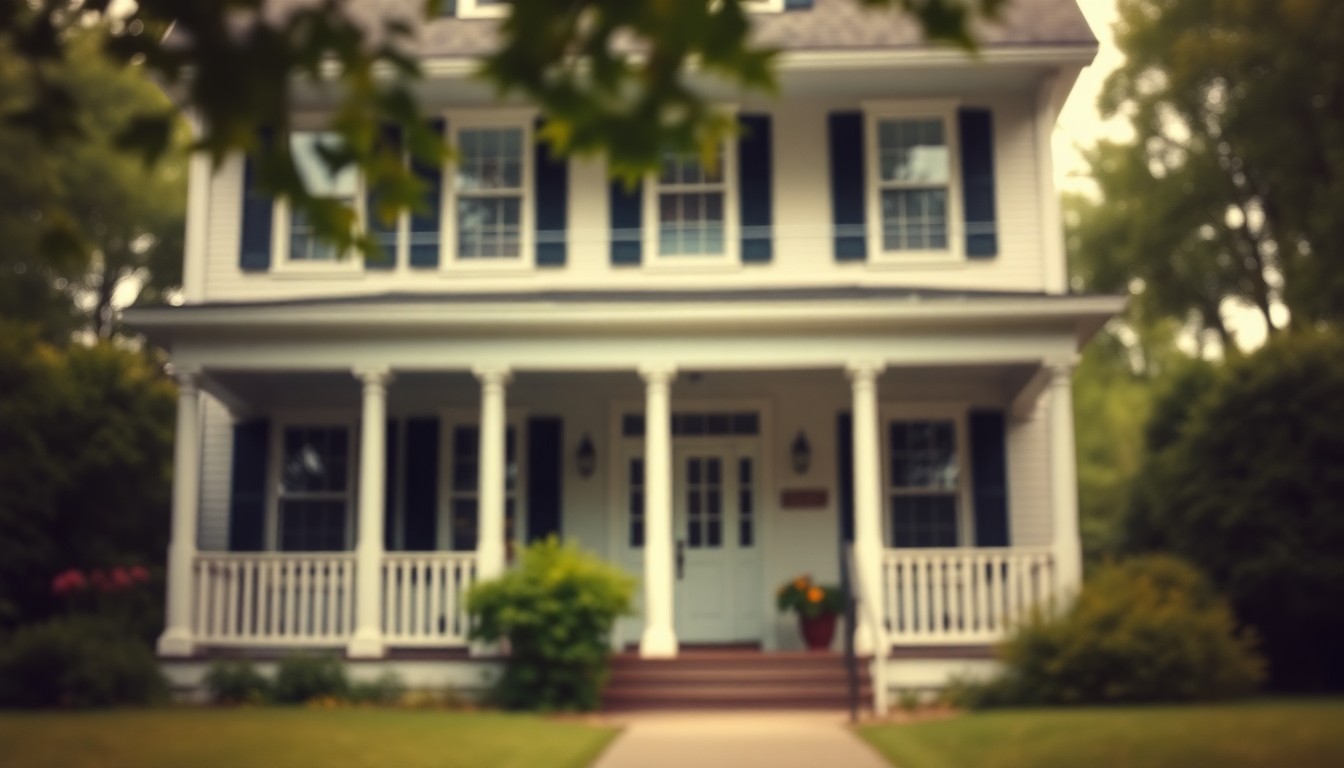 An extremely abstracted, out-of-focus photograph in soft pools of warm color and light, depicting the exterior of a classic New England Colonial home with a front porch and surrounding greenery.