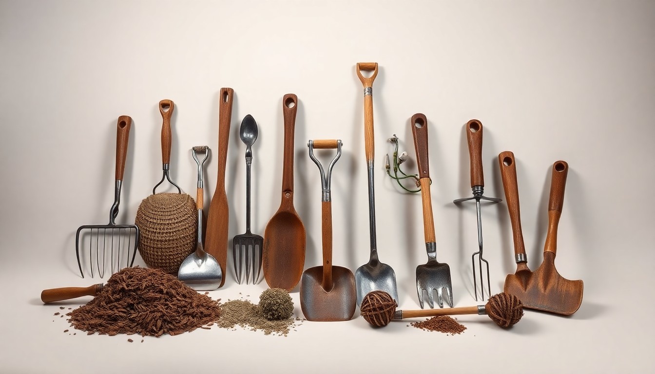 A high-end studio still life photograph featuring a collection of polished, premium farming tools and equipment arranged elegantly on a clean, monochromatic background, conceptually representing the innovative no-till farming practices of the Palouse region.