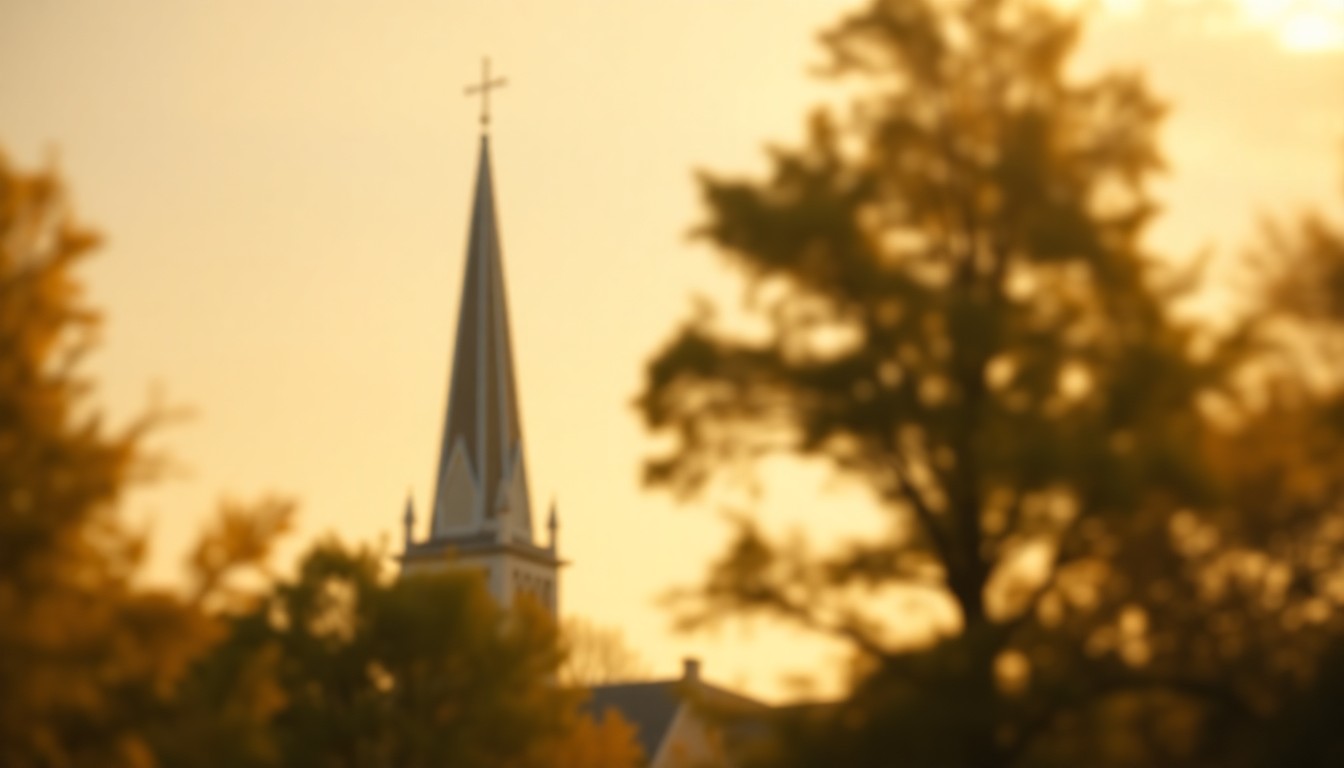 An impressionistic, blurred photograph of a church steeple and surrounding trees, with a warm, golden glow suffusing the scene, conveying a sense of reverence and community.