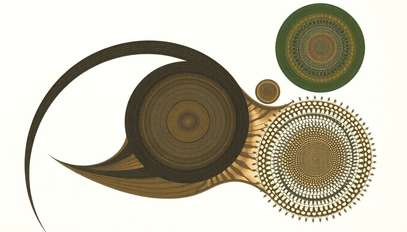 An abstract painting with sweeping geometric shapes and botanical patterns in earthy tones, conceptually representing the complex ecological factors a no-till farmer must balance when using cover crops.