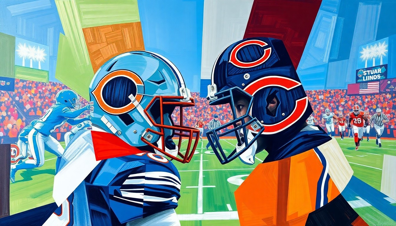 A cubist-style painting depicting a football game broken down into overlapping geometric shapes and planes, with the vibrant colors of the Detroit Lions and Chicago Bears uniforms visible throughout the abstract composition.