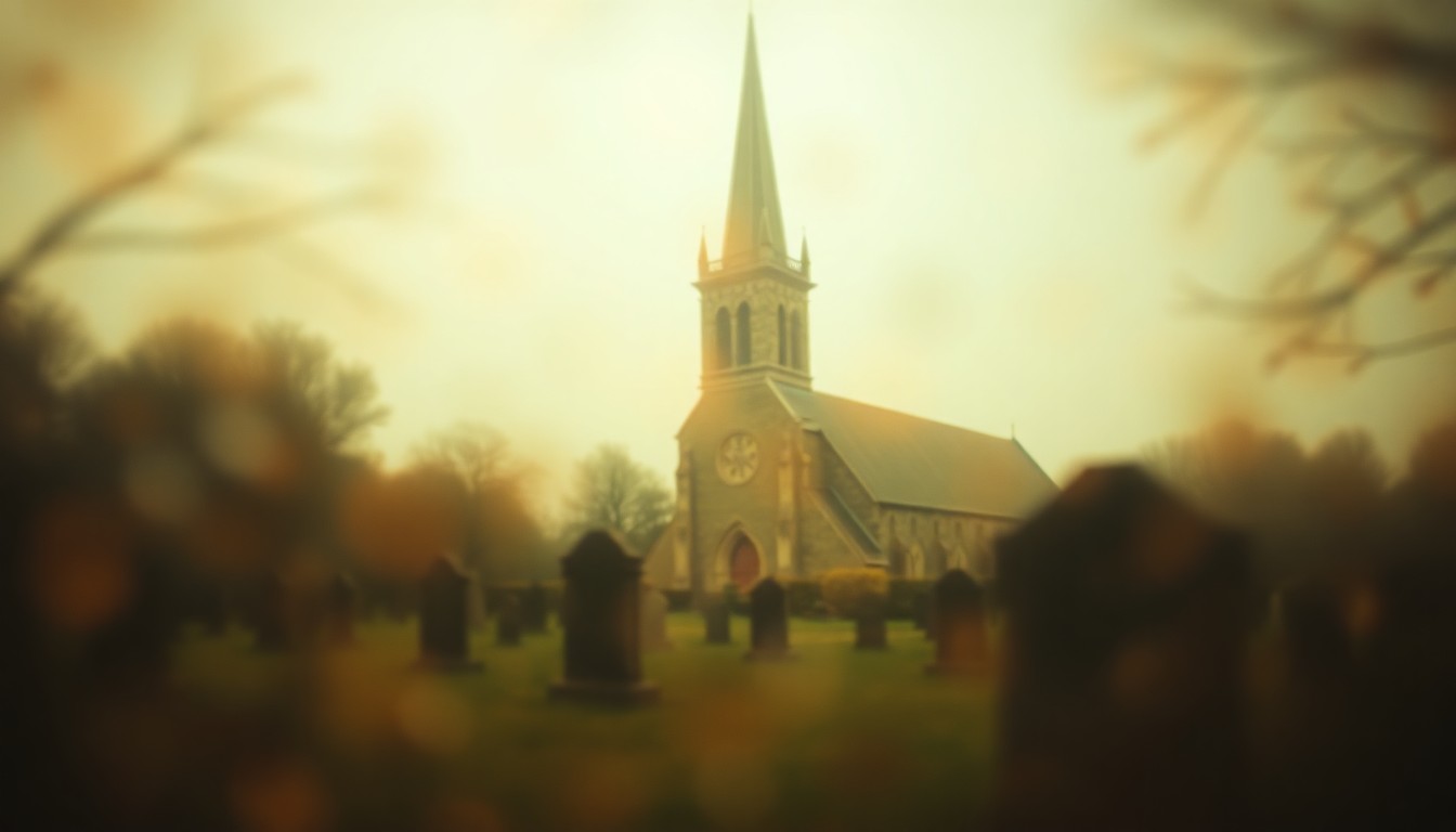 An extremely blurred, atmospheric photograph of an old church steeple and graveyard, with soft, hazy pools of warm amber, ochre, and sage green light, conveying a dreamlike, nostalgic mood.