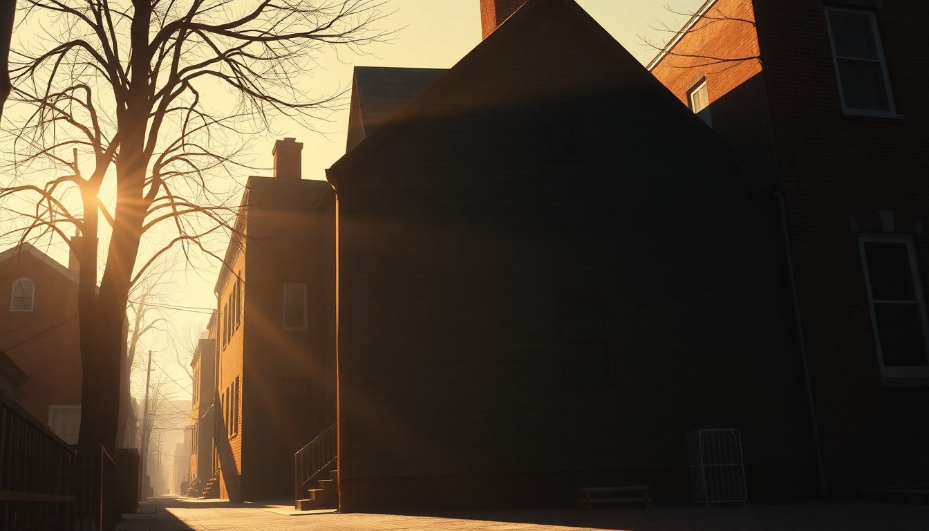 A cinematic painting of a two-story colonial home in Boston's North End, with warm sunlight streaming through the windows and deep shadows cast across the facade, evoking a sense of historical significance and emotional resonance.