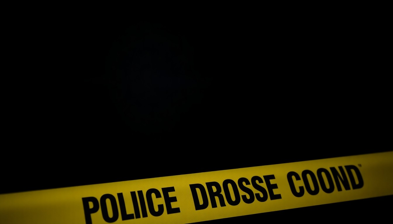 An extreme close-up photograph of a police evidence marker or crime scene tape, lit by a harsh, direct camera flash against a pitch-black background, conveying a stark, gritty, investigative aesthetic without depicting any violence.